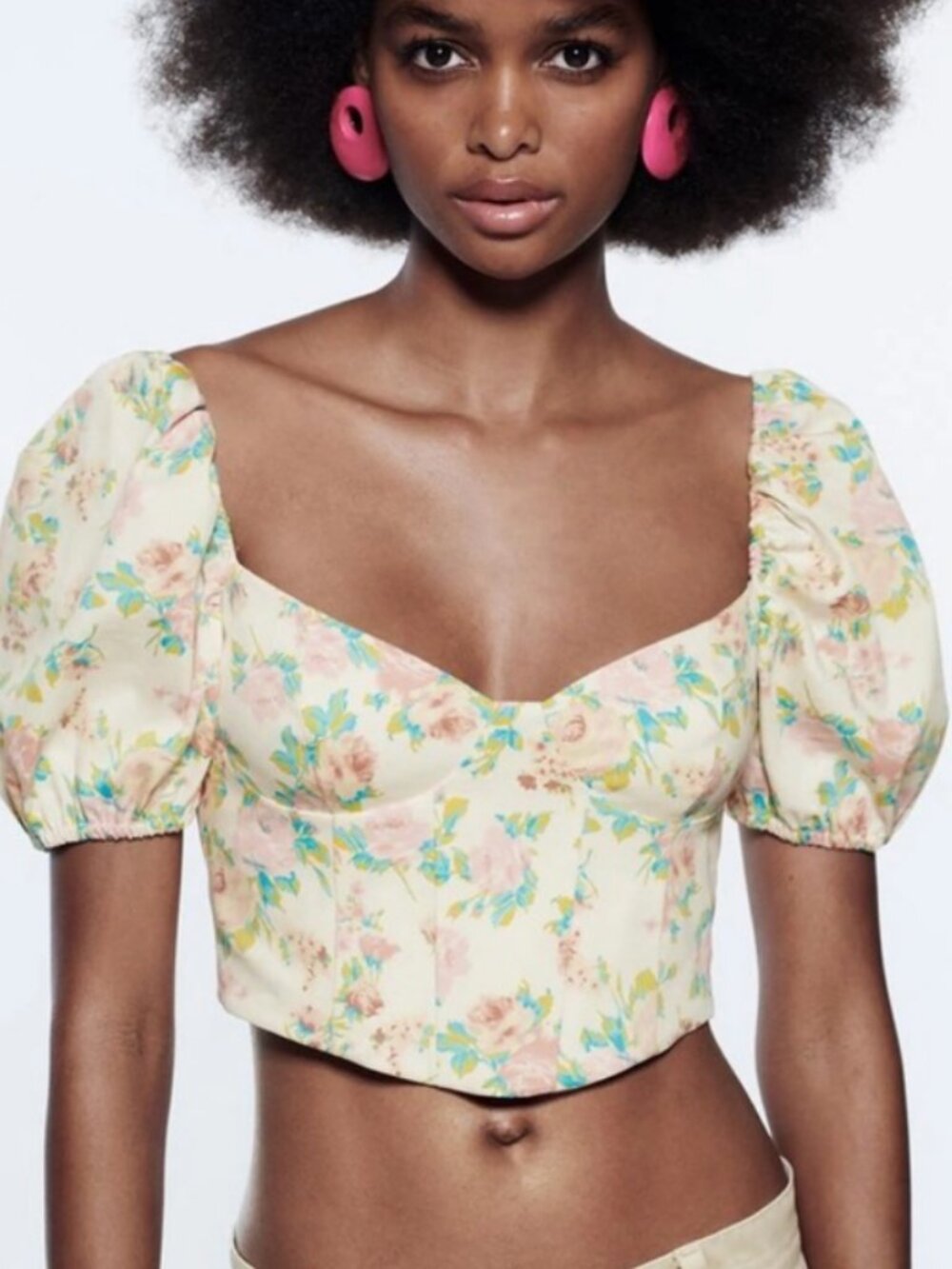 Zara Floral Puff Sleeve Corset Top